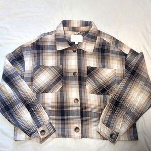 Ashley by 26 International Womens Black and Beige Plaid Flannel Shacket Jacket L